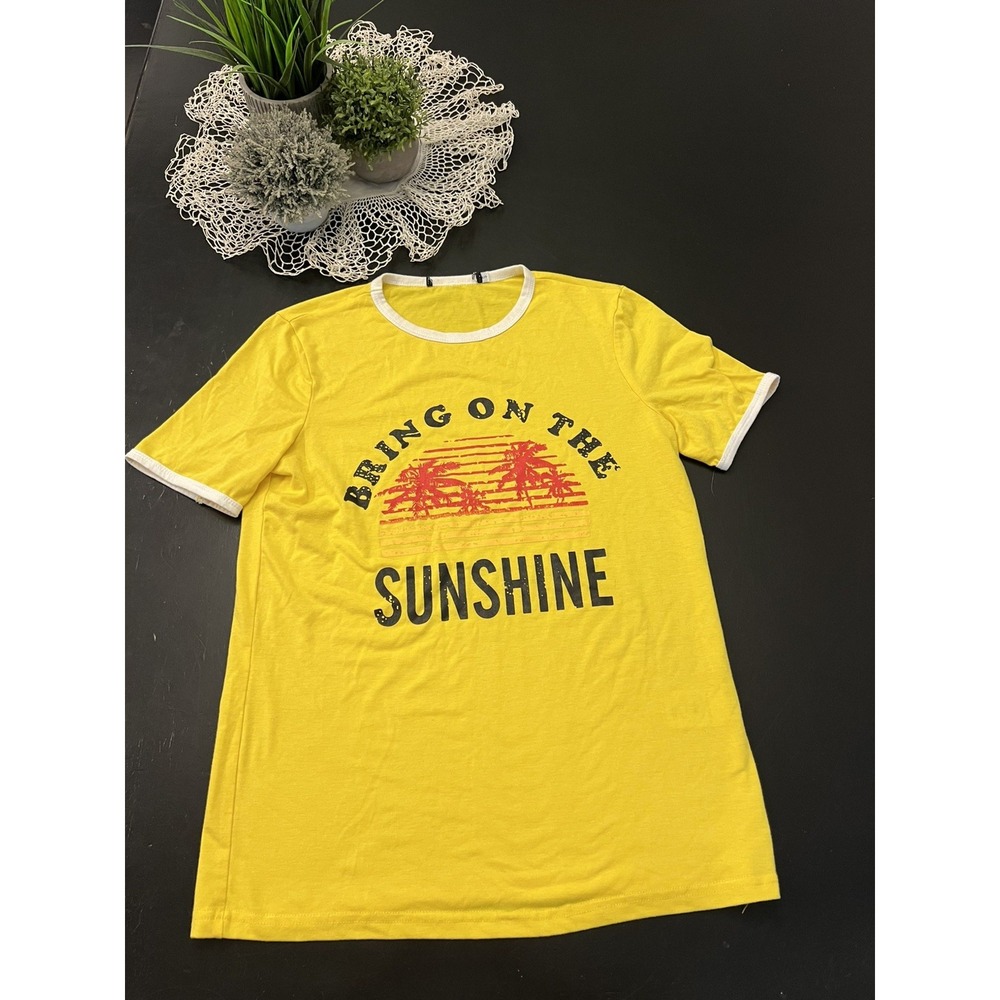 Women's Retro Ringer Tee Bring on the Sunshine Yellow Sunset Tropical Print Sz M